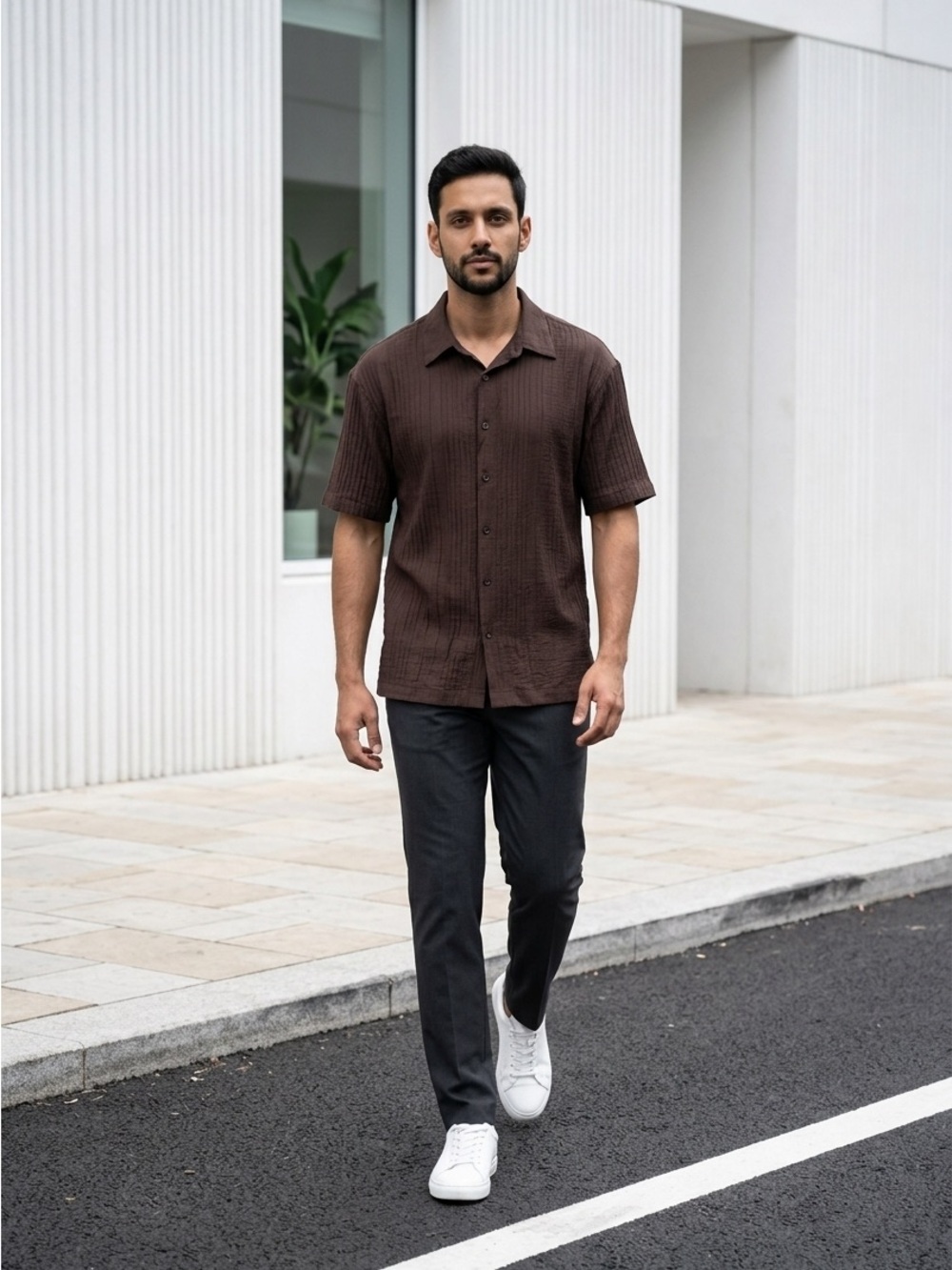 Zara Men’s XL Rich Brown Crinkle Effect Textured Button Up Shirt Business EUC